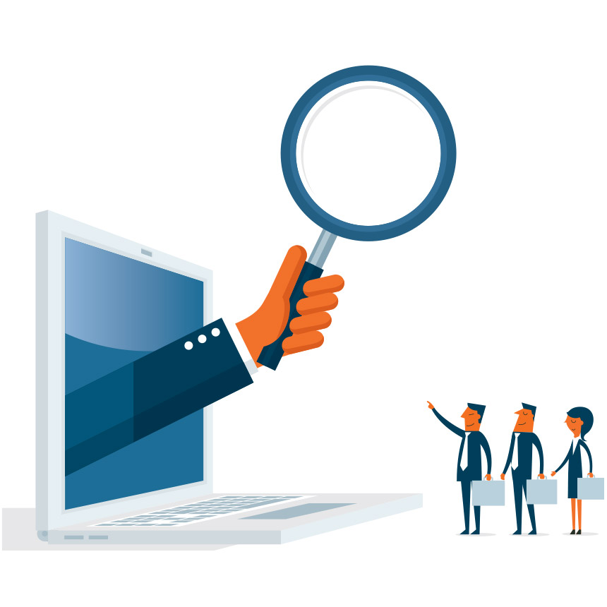 Image of a hand holding a magnifying glass coming from a laptop screen.