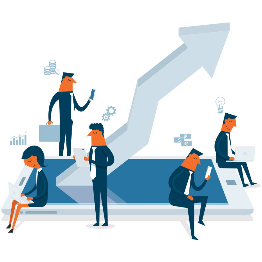 a group of people on their phones review content marketing results