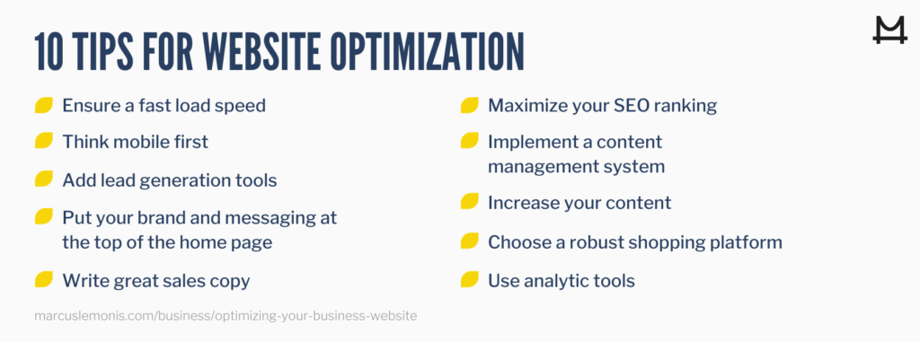 List of 10 tips for website optimization.