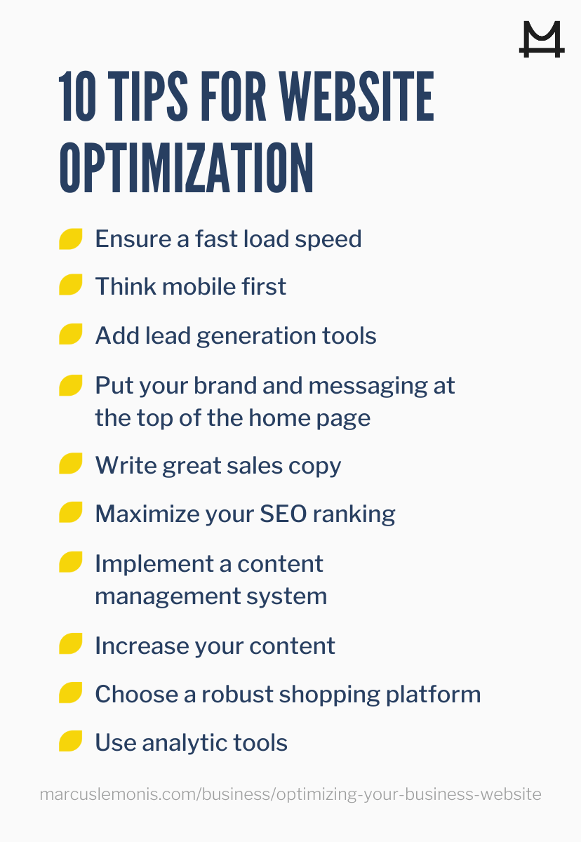 List of 10 tips for website optimization.