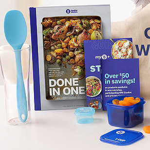 Weight Watchers products: spoon, books, food container