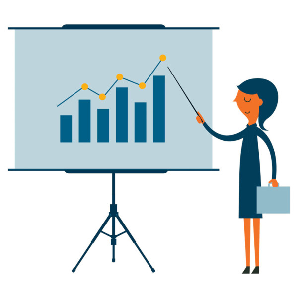 Woman pointing out increase in data due to customer research