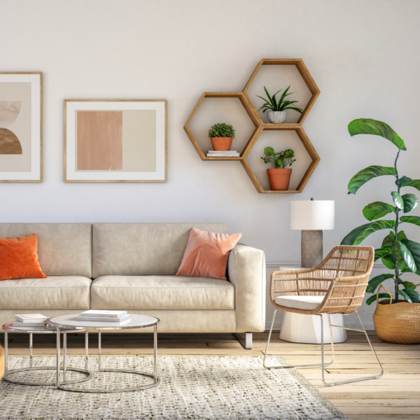 Image of mid-century modern living room and white sofa