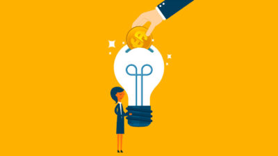 Image of woman holding light bulb with a coin being put in